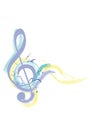 Abstract musical design with a colourful treble clef and musical waves, notes and splashes. Royalty Free Stock Photo